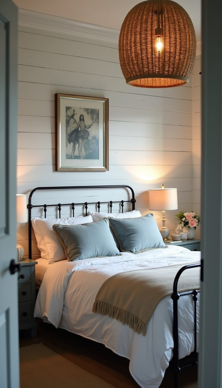 Cozy twilight bedroom with iron bed, rumpled white linens, coastal pillows, woven pendant light, and distressed nightstands softly lit by ceramic lamps.