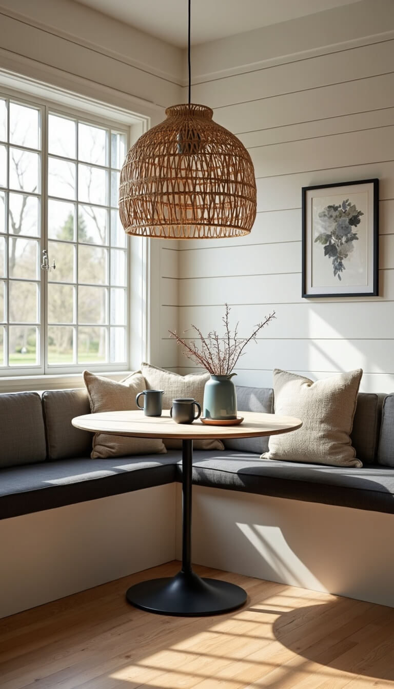Cozy contemporary rustic breakfast nook with built-in banquette, round pedestal table, oversized woven pendant light, and shiplap walls in warm white.