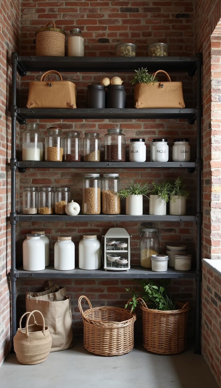 Minimalist rustic pantry with industrial pipe shelving, exposed brick walls, concrete floors, and organized storage jars, baskets, and vintage decor in moody natural light.
