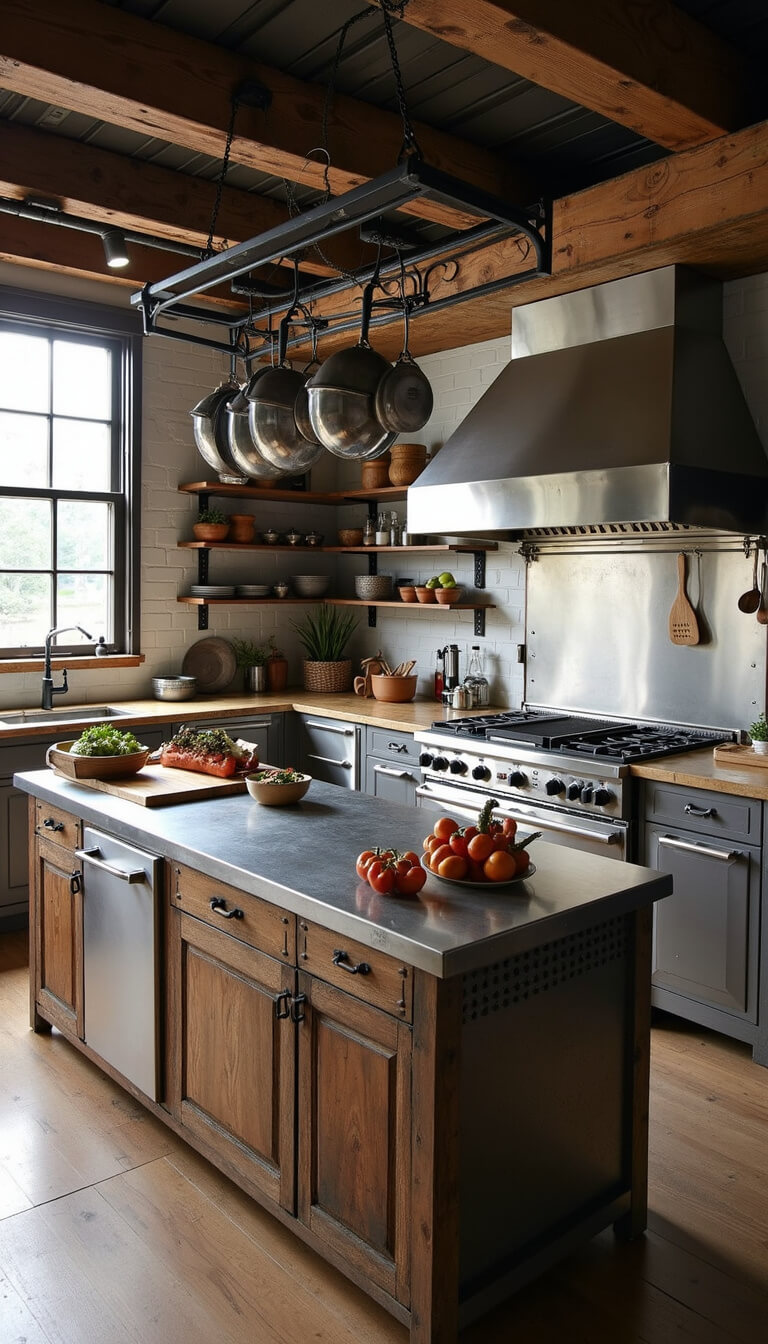 Industrial rustic chef's kitchen with stainless steel appliances, reclaimed wood cabinetry, and zinc-topped island, shot from above at an angle in diffused afternoon light.