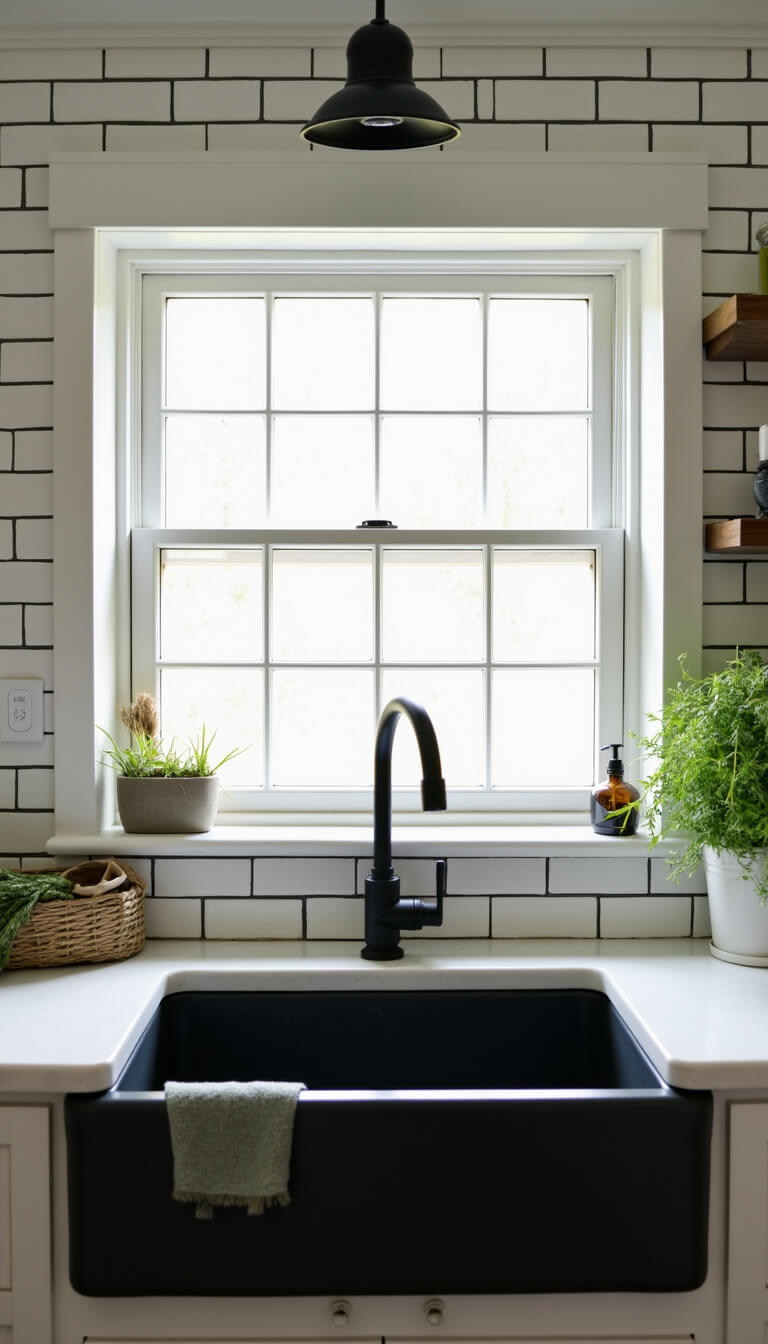 Contemporary farmhouse sink area with fireclay sink under large window, matte black gooseneck faucet, ceiling-high white subway tile with dark grout, styled with vintage brushes, potted herbs, and artisan soap vessels.