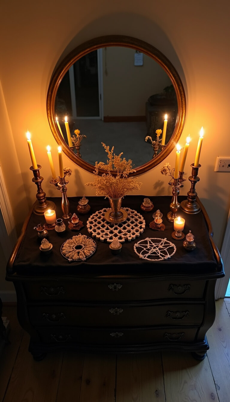 Overhead view of twilight-lit altar in 8x8ft alcove with antique dresser draped in black velvet, brass candleholders with beeswax candles, large circular mirror, geometric crystal grids, and dried flowers in copper vases casting dramatic shadows.