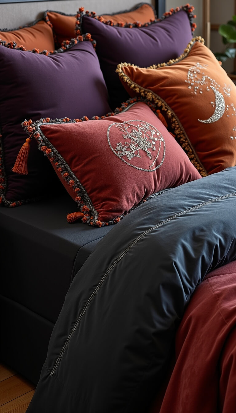 Close-up of bedding layers on king-sized bed with black linen sheets, vintage deep purple and burnt orange quilts, velvet tassel pillows, and celestial embroidered cushions with shimmering silver thread.