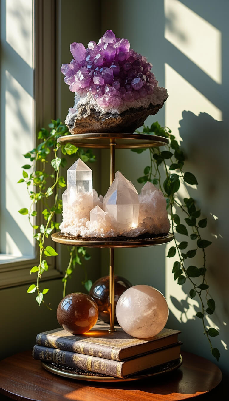 Brass étagère with amethyst clusters, clear and smoky quartz, ivy plants, and vintage astronomy books in afternoon sun rays.