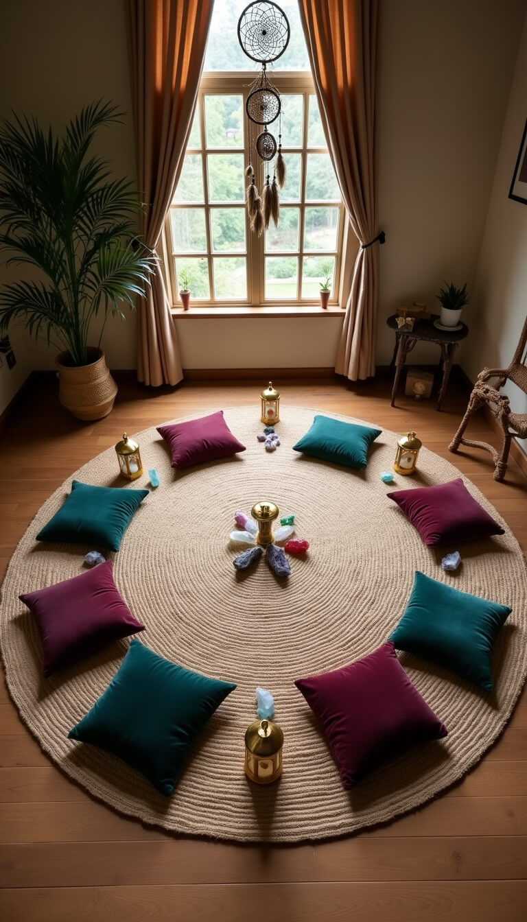 Bird's eye view of a circular meditation space with a round jute rug, burgundy and forest green velvet cushions, brass lanterns, crystals at cardinal points, and a dreamcatcher mobile above in soft natural light.