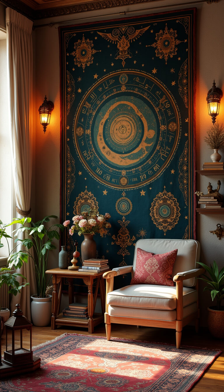 Celestial tapestry on full wall with copper sconces, floating shelves holding witch bottles, dried flowers, vintage occult books, and Moroccan lanterns casting patterned shadows in evening light.