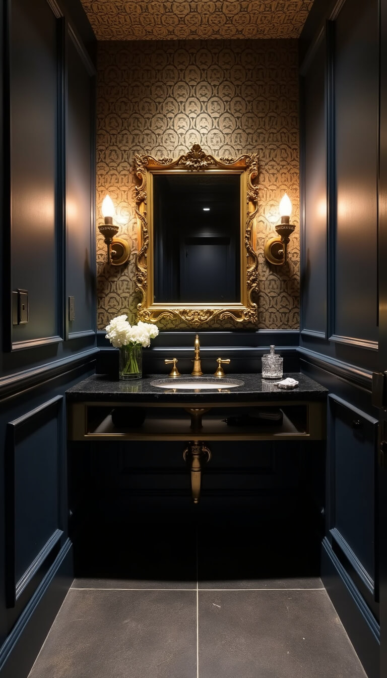 Moody powder room with deep navy and gold geometric walls, brass floating vanity, black stone top, ornate gold mirror, and crystal accents highlighted by sconce lighting.