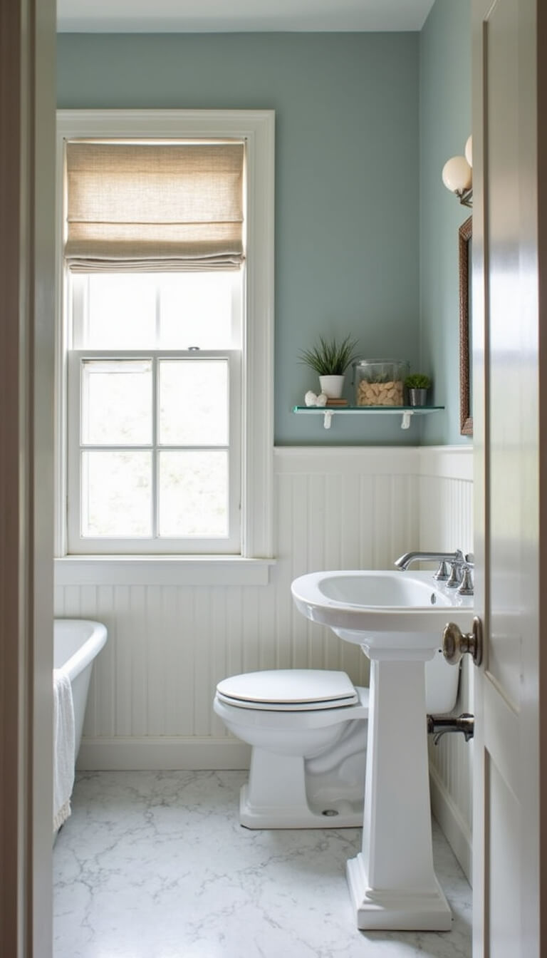 Coastal luxe bathroom with pale blue-grey walls, white beadboard, chrome fixtures, rattan mirror, and sea glass on a shelf, viewed straight-on in bright mid-morning light.