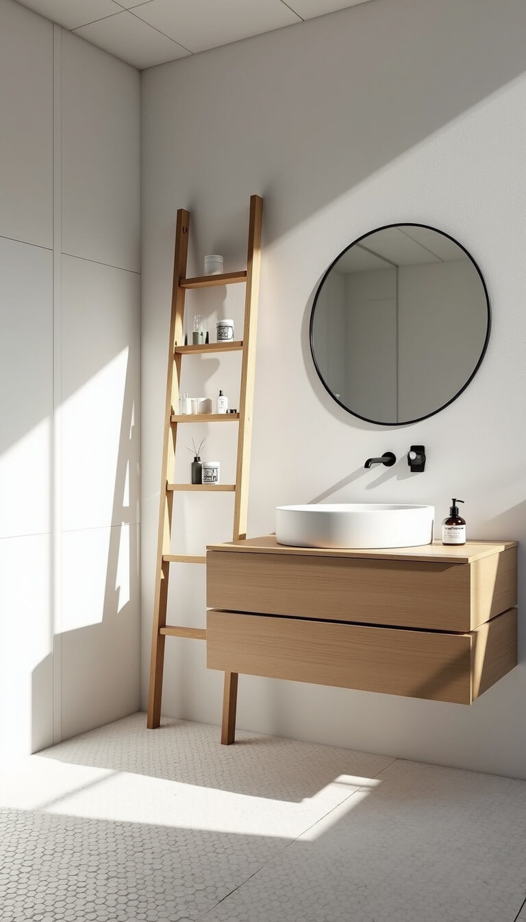 Scandinavian minimal bathroom with blonde wood vanity, white textured walls, round black-framed mirror, and white penny tile floor in morning light.