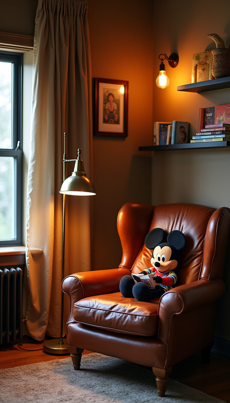 Cozy 9x11ft nursery corner at dusk with vintage Mickey Mouse reading nook, leather armchair, brass floor lamp, floating Disney book shelves, and warm Edison bulb lighting.