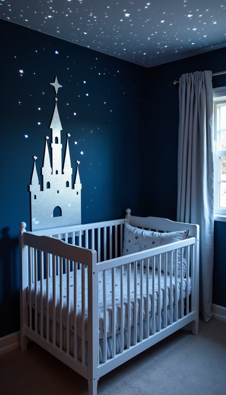 Nursery with navy walls, silver castle mural, white crib with constellation bedding, star projector lighting, and glowing LED accents at night.