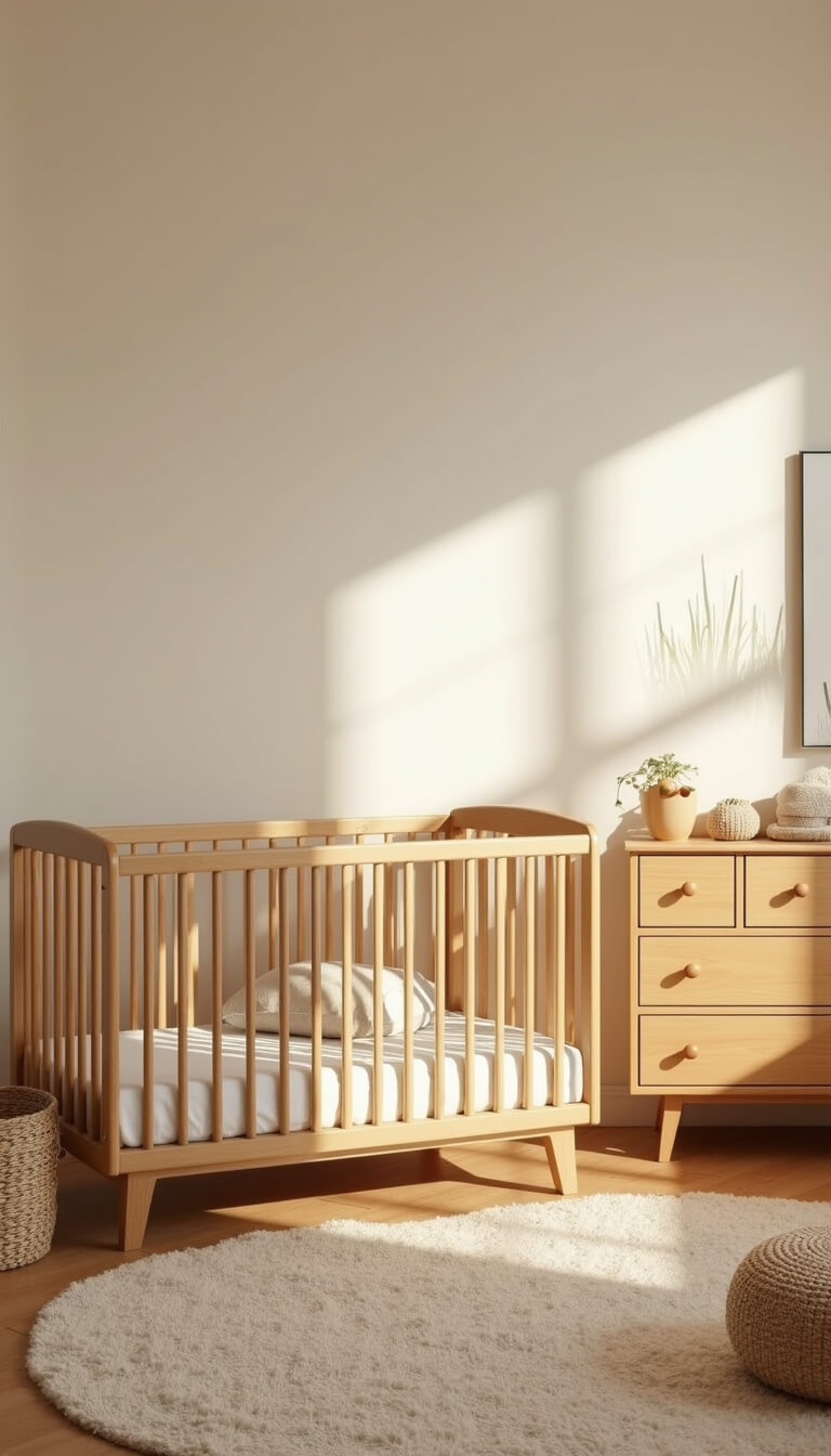 Minimalist 11x12ft nursery with cream walls, Lion King grassland decal, natural wood crib and dresser, woven baskets, and soft morning light.