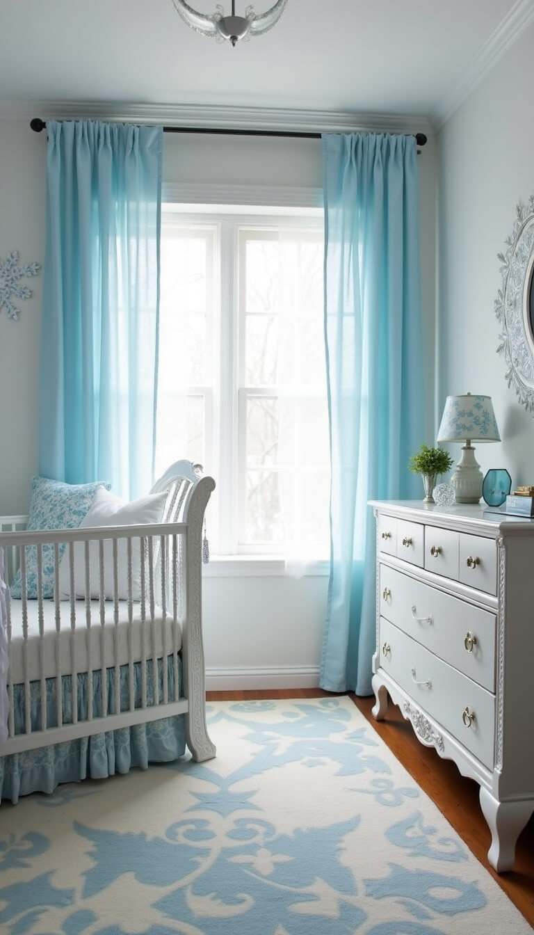 Frozen-themed nursery with crystal-accented furniture, snowflake stencils on white walls, and sheer icy blue curtains in morning light.