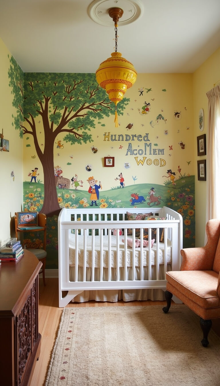 Eclectic 11x14ft nursery with pale yellow walls, Hundred Acre Wood mural, vintage and modern furniture, and displayed Disney memorabilia, shot straight-on.