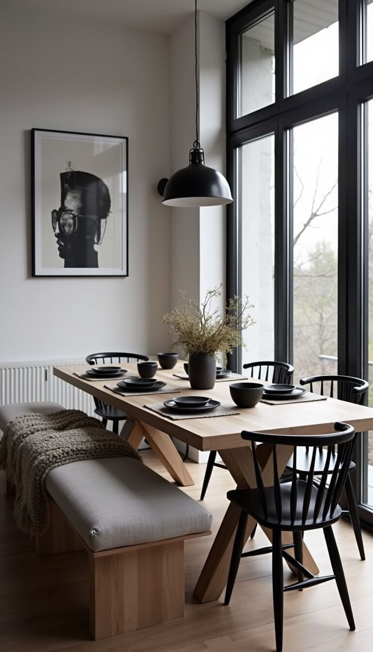 Modern dining room with pale ash table, mixed seating, and moody lighting.