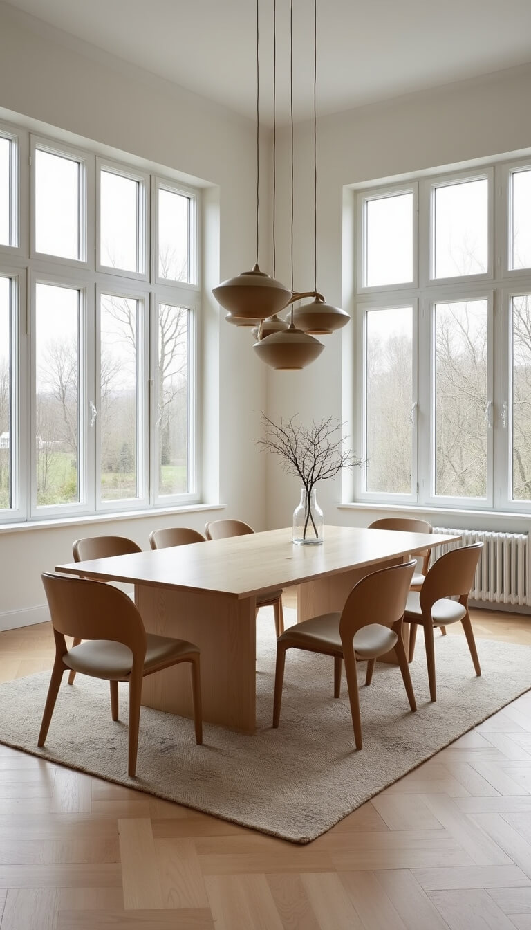 Open dining area with bleached oak table, curved chairs, and ceramic pendant lights.
