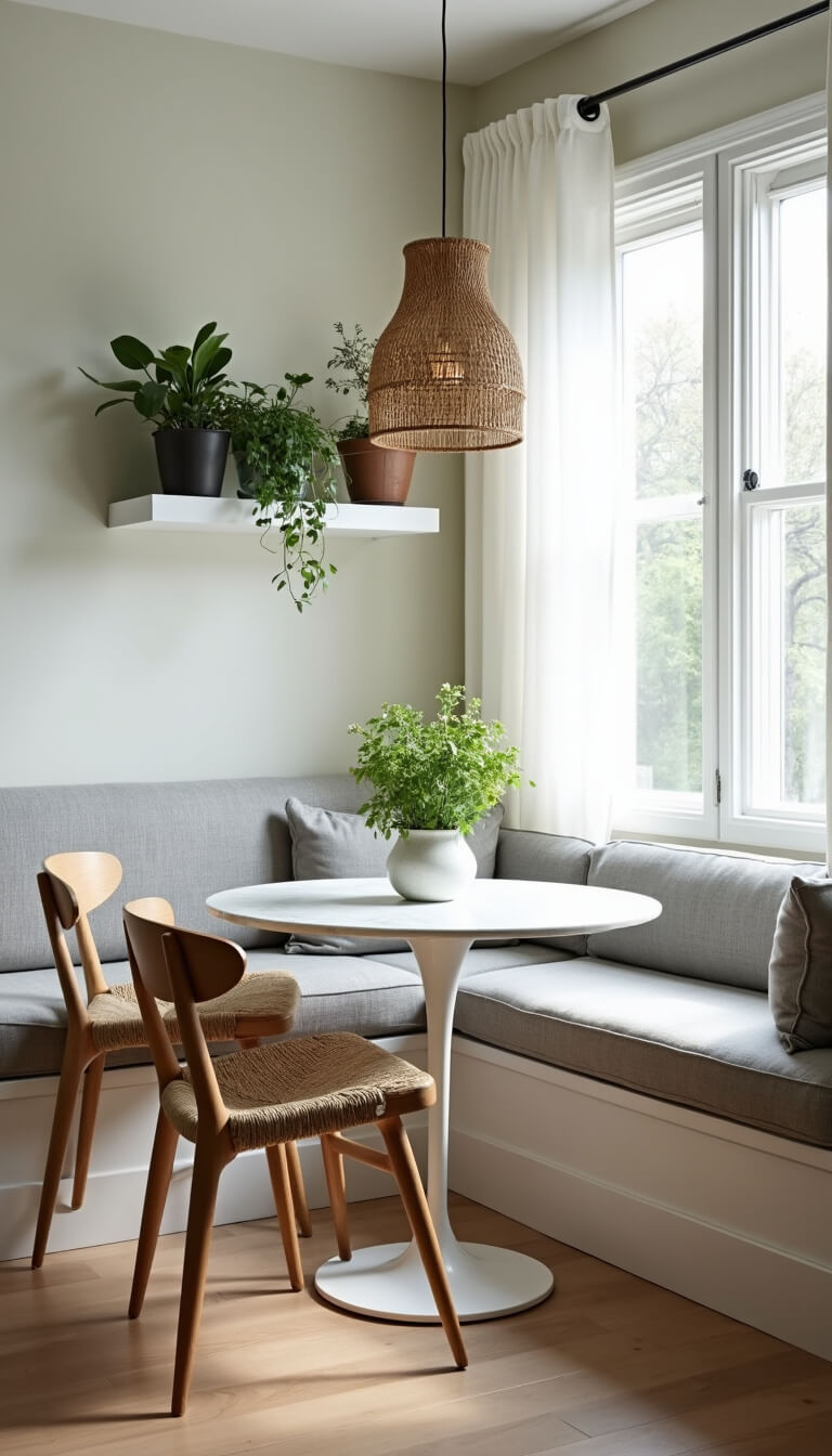 Breakfast nook with gray linen banquette, round marble tulip table, and wooden chairs.
