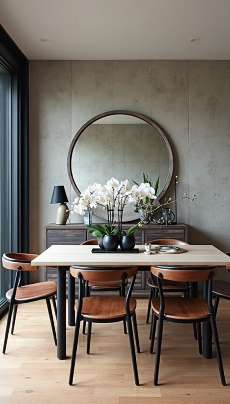 Modern dining room with concrete accent wall, light oak floors, and black metal dining set.