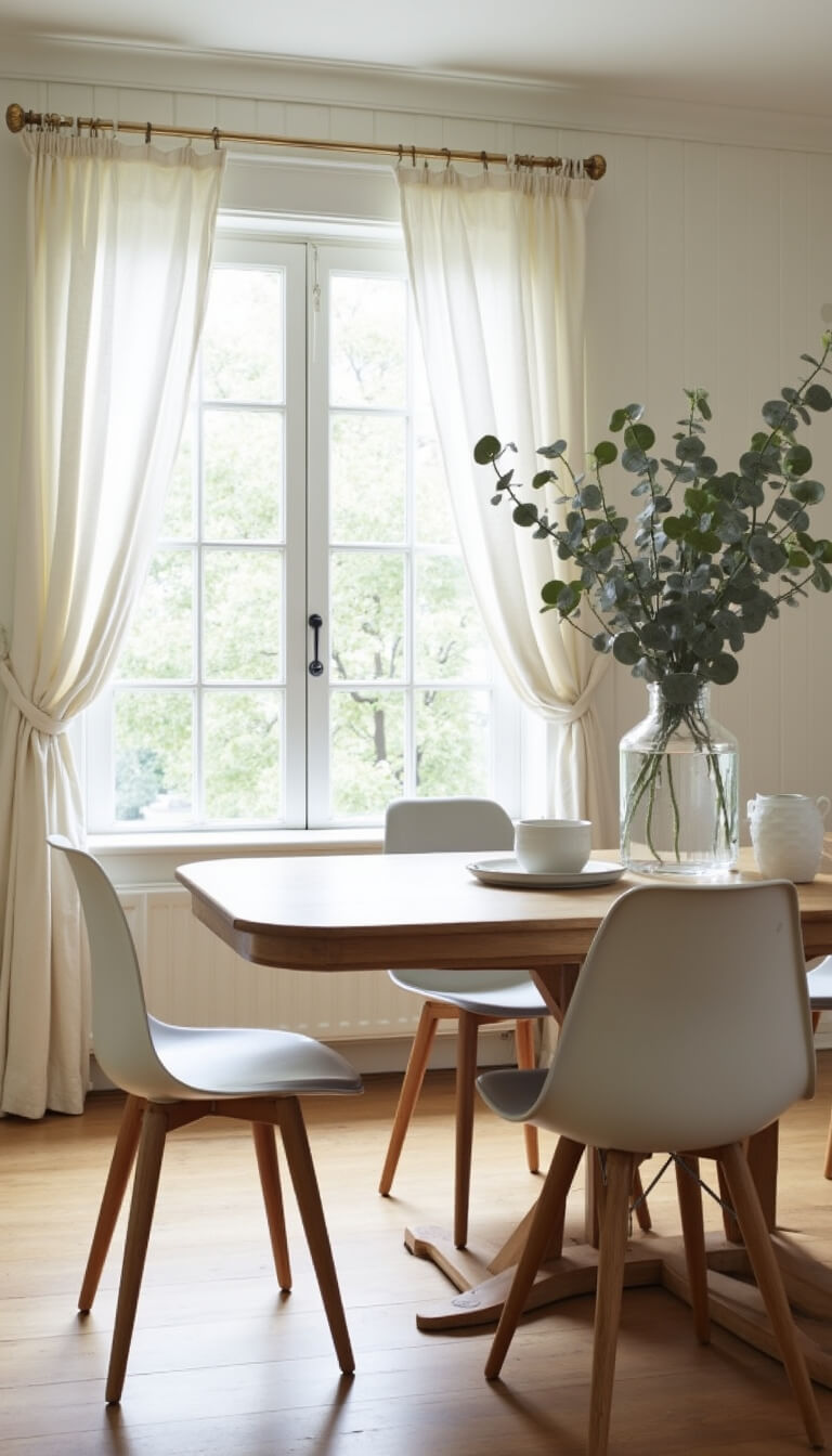 Bright dining room with white paneled walls, farmhouse table, and modern molded chairs.