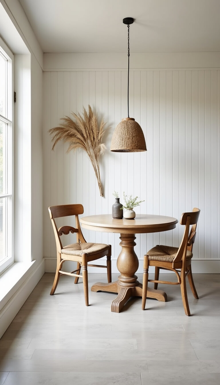 Serene dining corner with white shiplap walls, round whitewashed oak table, and woven pendant.