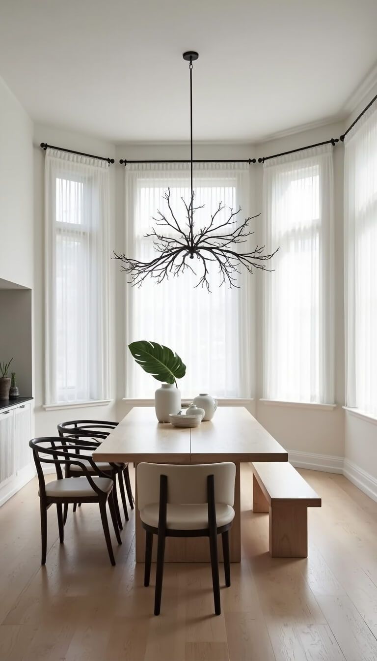 Sophisticated dining room with pale oak floors, minimalist bleached wood table, and branch chandelier.