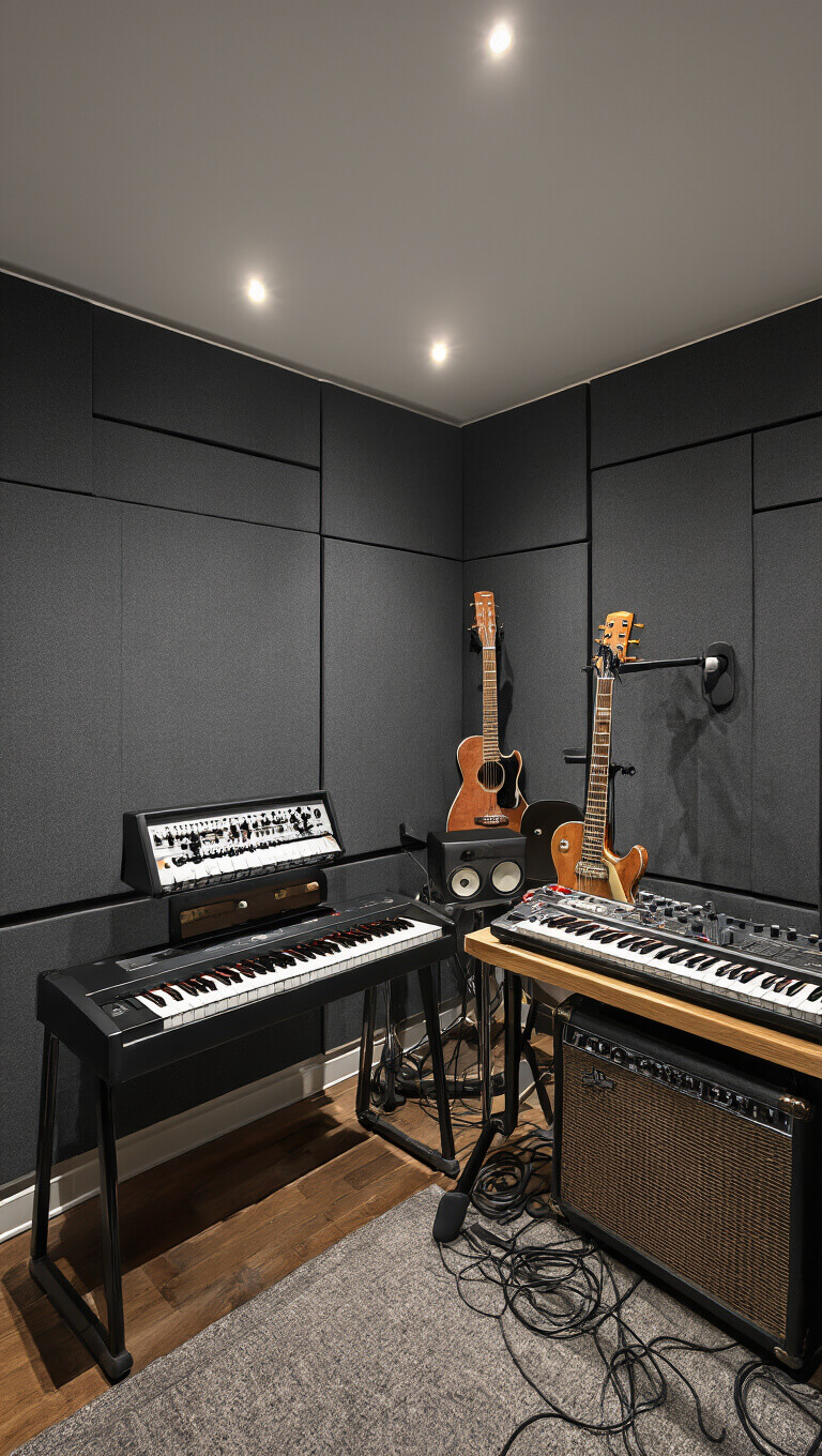 Moody evening music studio with charcoal gray acoustic panels, electric piano, guitars on wall pegs, recording gear on floating desk, and vintage amp side table under dramatic side lighting.