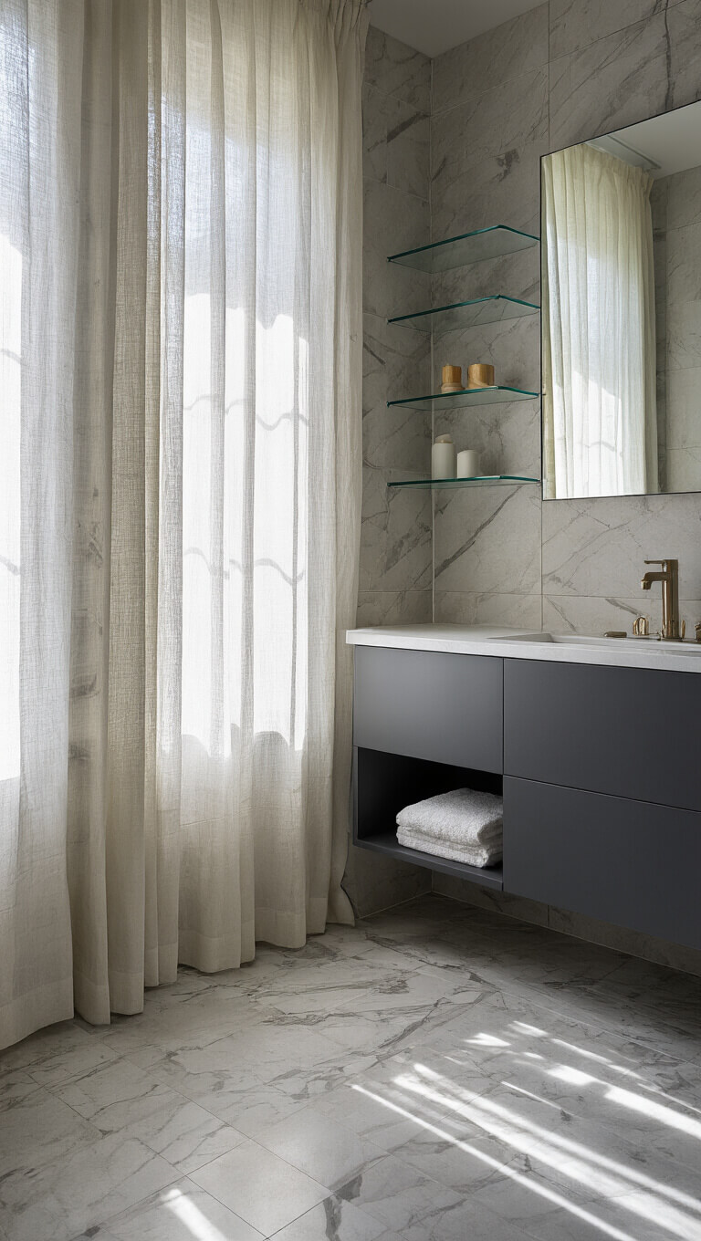 Corner view of a small bathroom with marble-look porcelain tiles, charcoal corner vanity, floating glass shelves, and soft dawn light through sheer curtains.