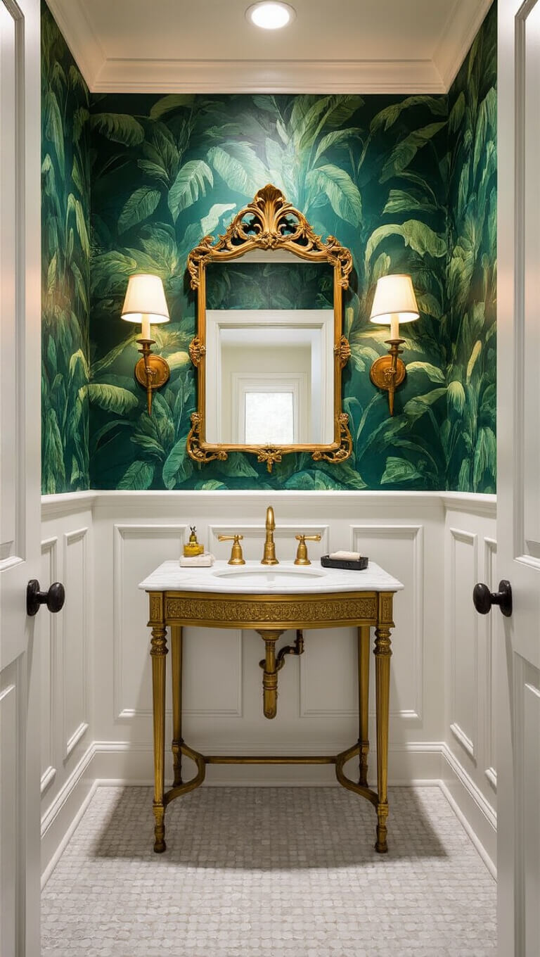 Wide-angle view of a small powder room with emerald green botanical wallpaper, white wainscoting, brass washstand with marble top, gold mirror, and vintage sconces.