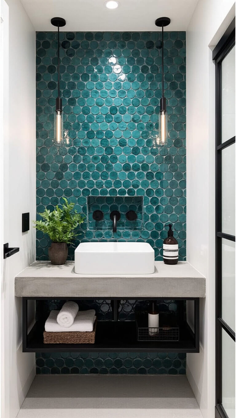 Straight-on view of a small bathroom with deep teal penny tile statement wall, floating concrete vanity with vessel sink, and minimalist black metal shelving under dusk and LED lighting.