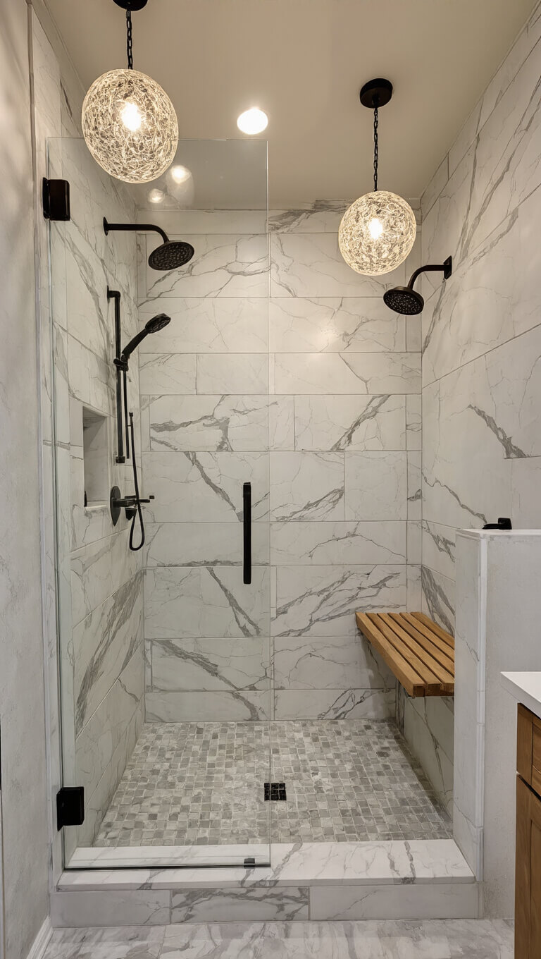 High-angle view of a 5x7ft bathroom with white marble-look tiles, globe pendant lighting, glass shower with teak bench, and matte black fixtures.