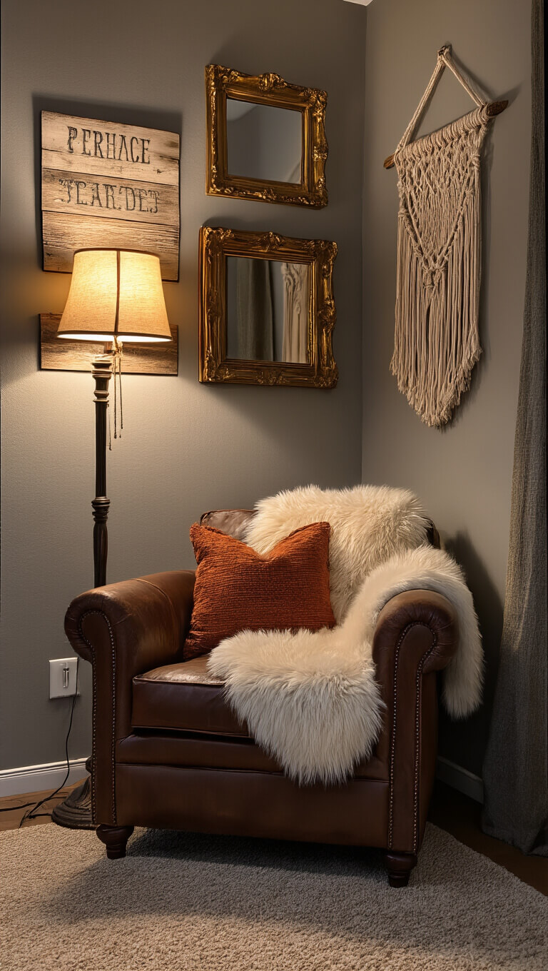 Inviting corner nook with leather armchair, faux fur throw, vintage lamp, and gallery wall featuring farmhouse signs, gold mirrors, and macramé art.