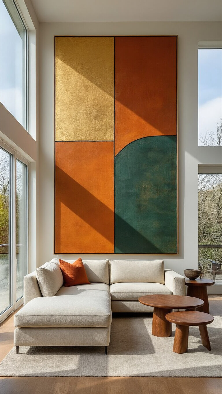 Contemporary living room with tall abstract accent wall, oatmeal bouclé sectional, mid-century walnut side tables, captured with architectural detail.