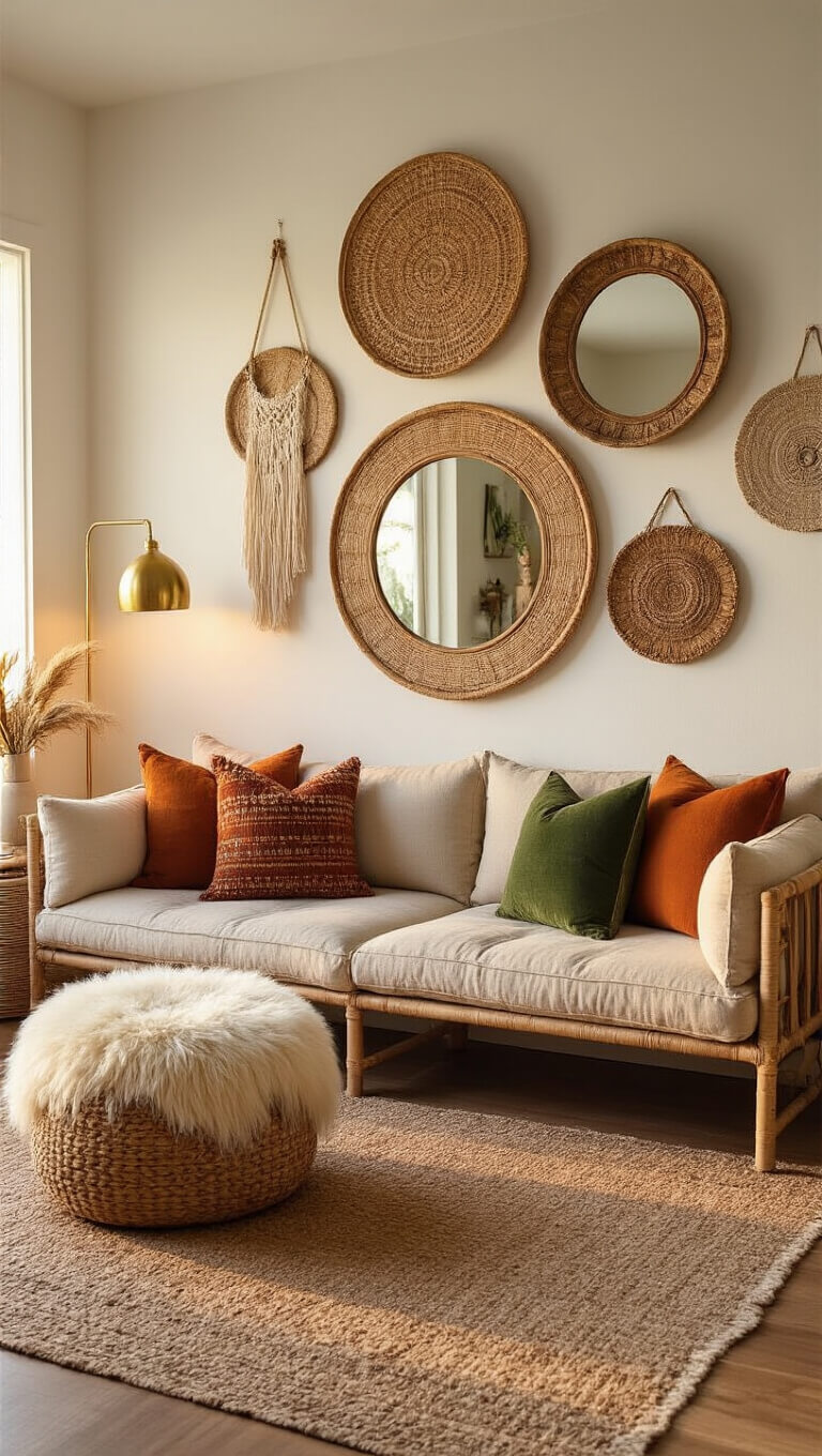 Bohemian living room at sunset featuring modular linen sofa, kilim pillows, macramé and mirror gallery wall, Mongolian fur pouf, and brass floor lamp.