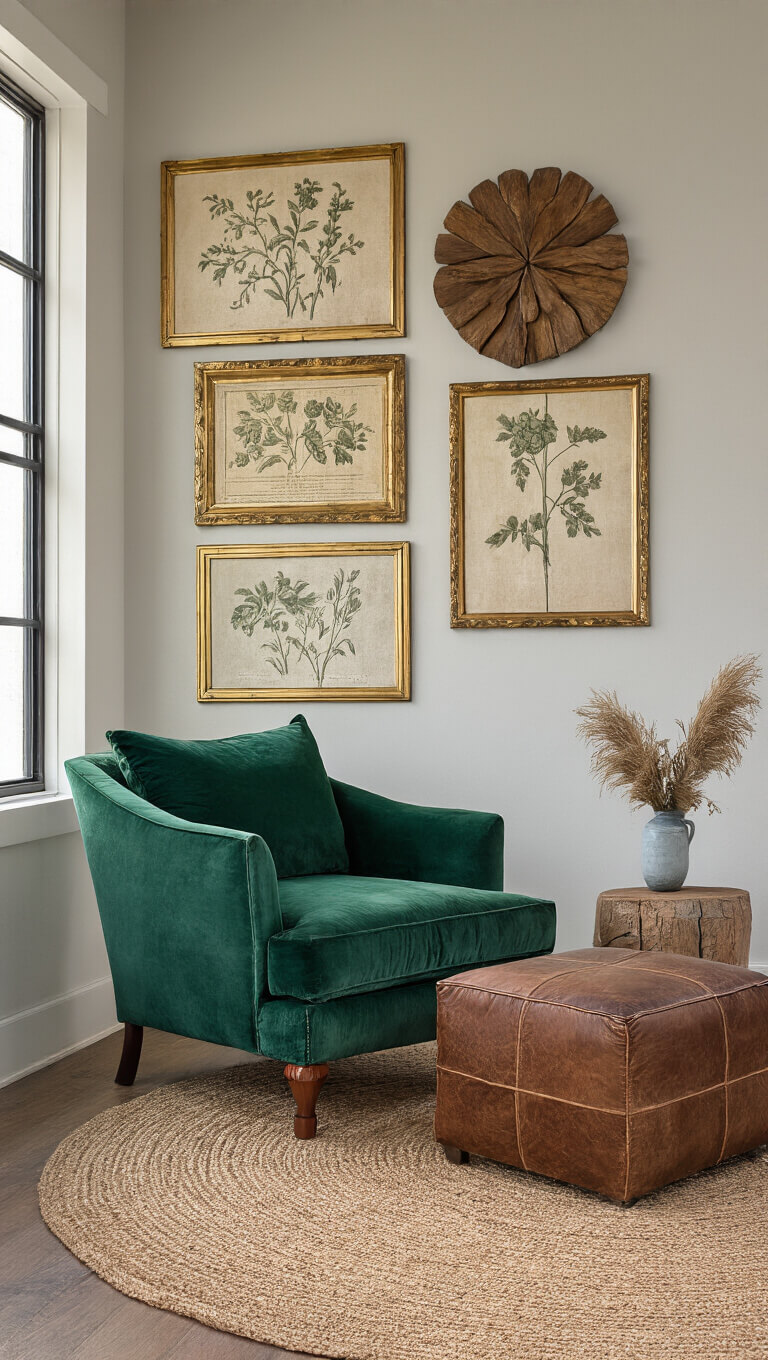 Rustic-modern sitting area with emerald velvet chair, leather ottoman, vintage botanical wall art, and jute rug bathed in morning sunlight.