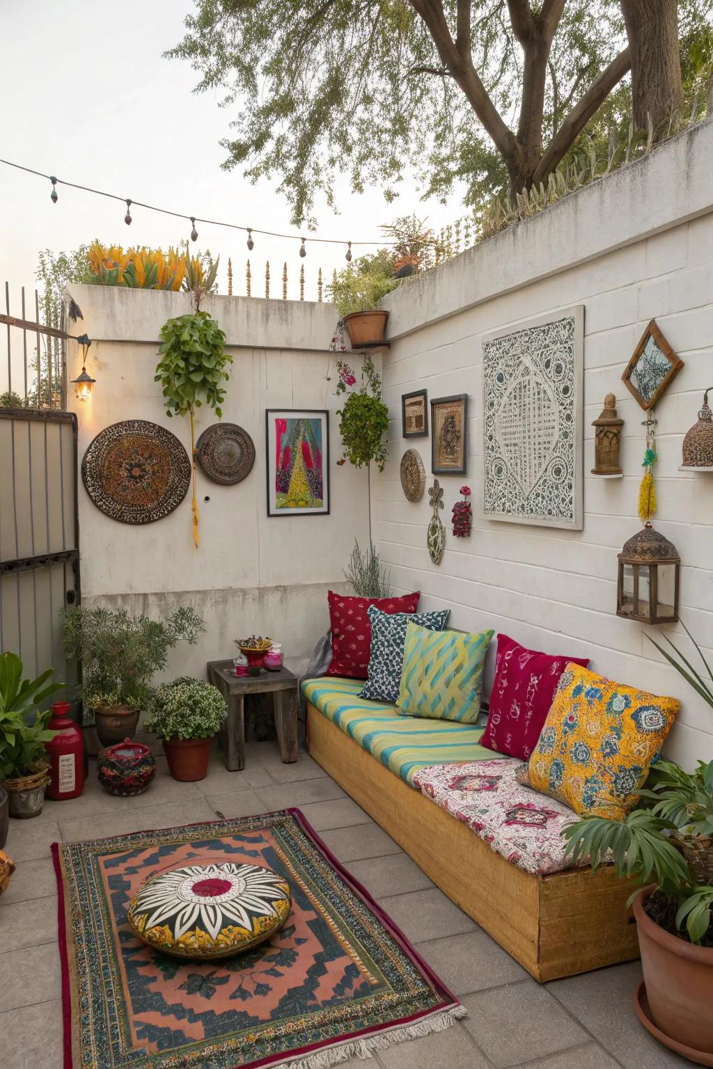 Small patio adorned with personalized decor and unique accents.