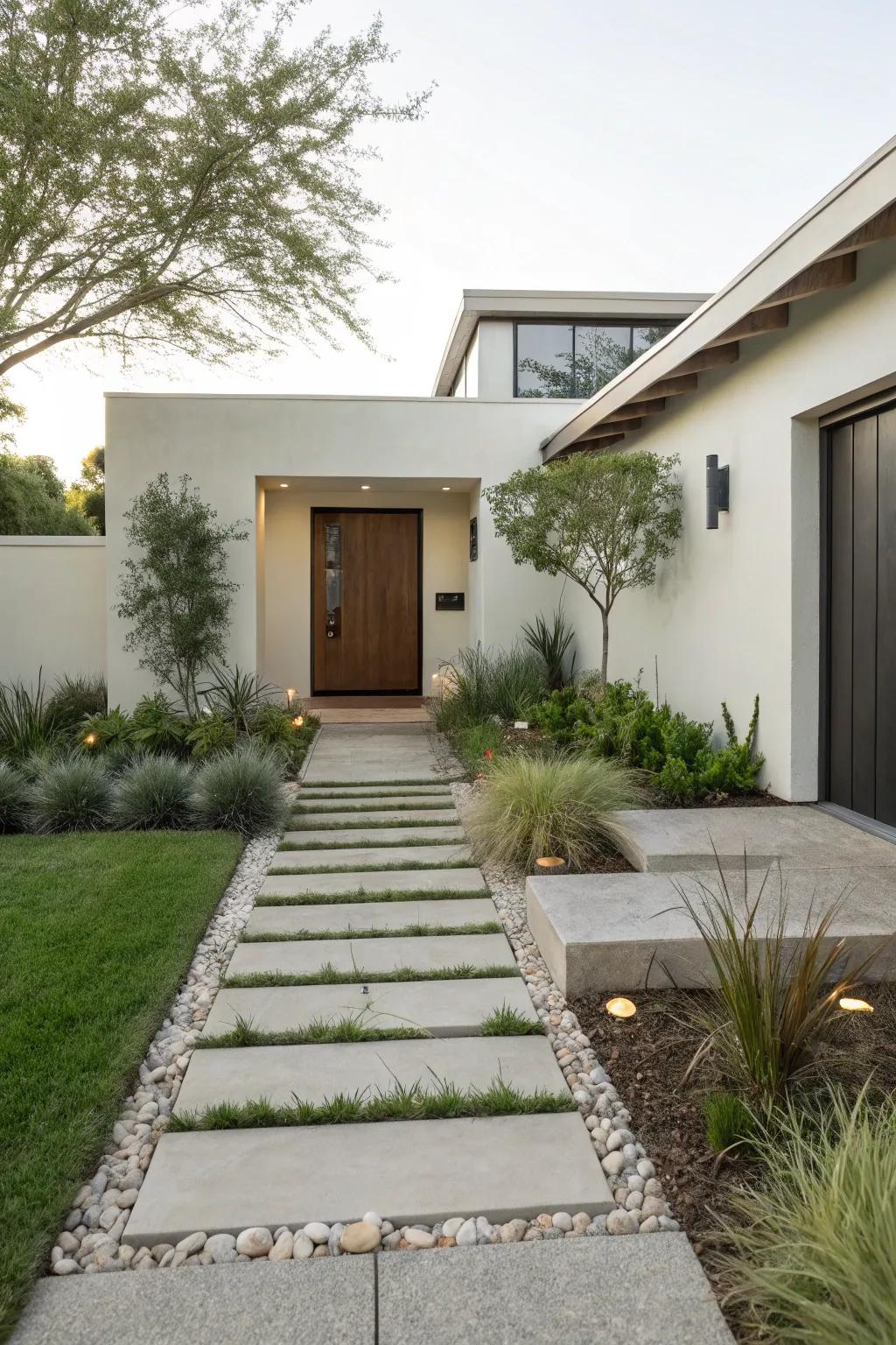 Minimalist front yard featuring clean lines and thoughtfully placed plants.