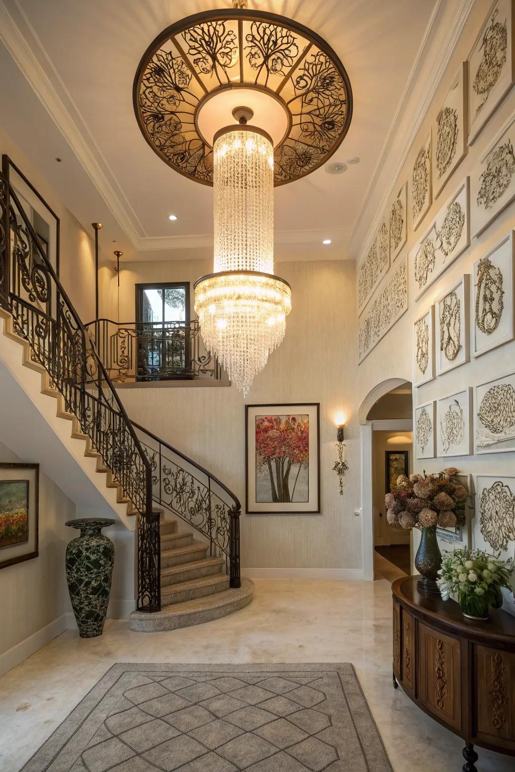 A bespoke chandelier infuses unique character into this distinctive foyer.