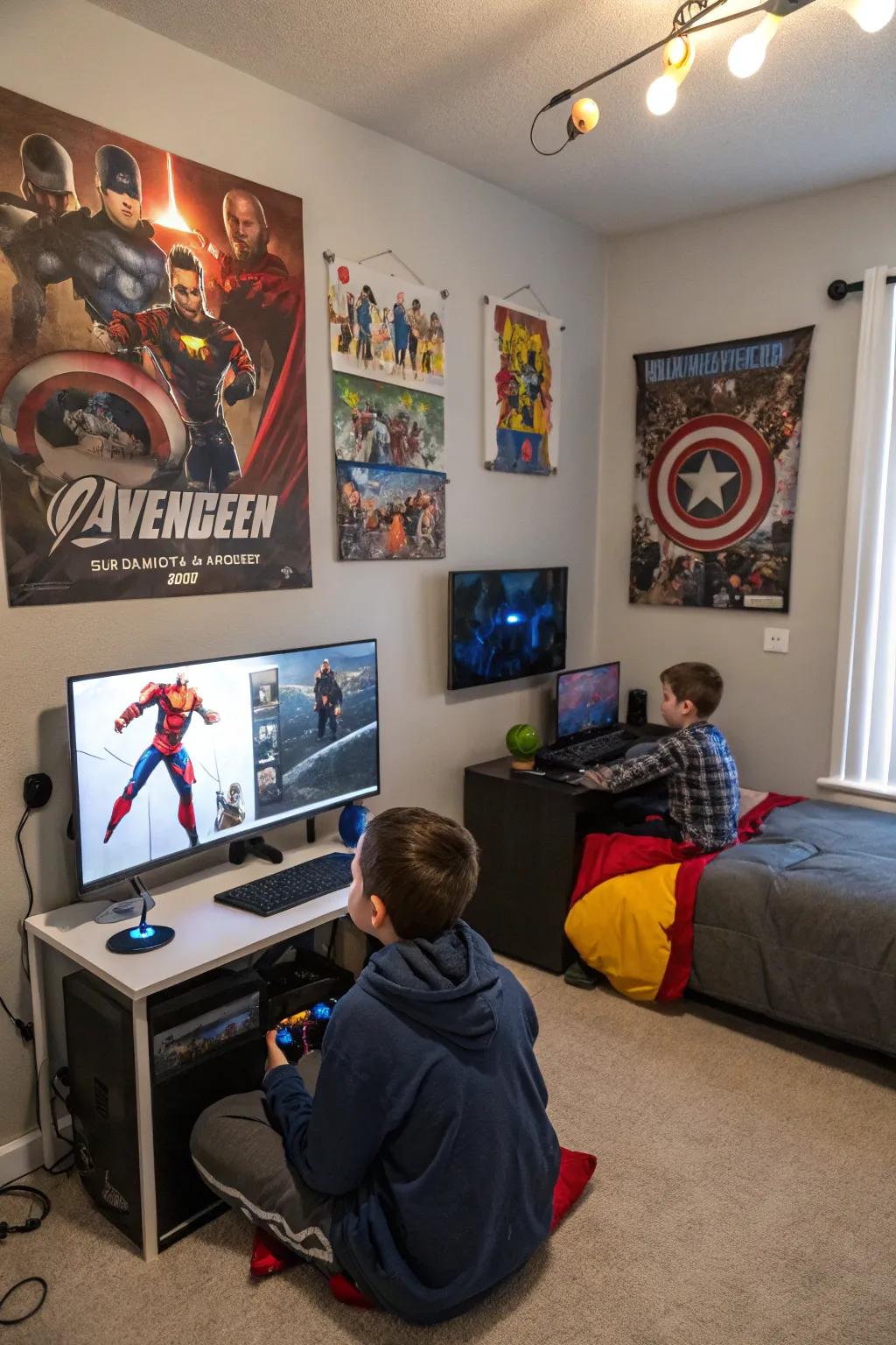 Dynamic superhero-themed wall art personalizes the gaming space.