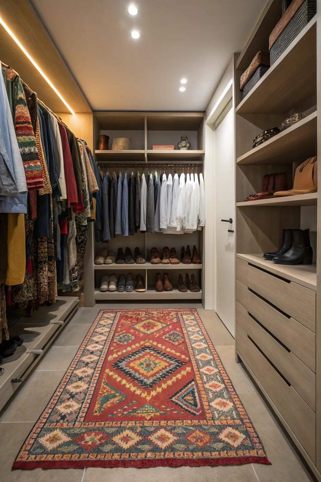 A bold rug adds warmth and character to your closet floor.