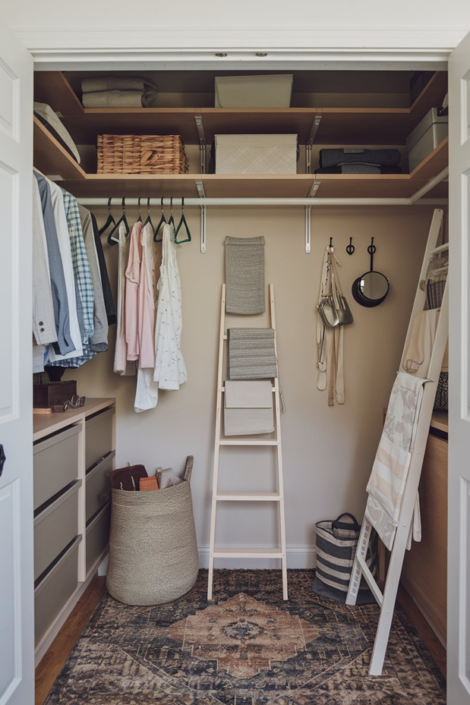Tall shelving in narrow walk-in closet