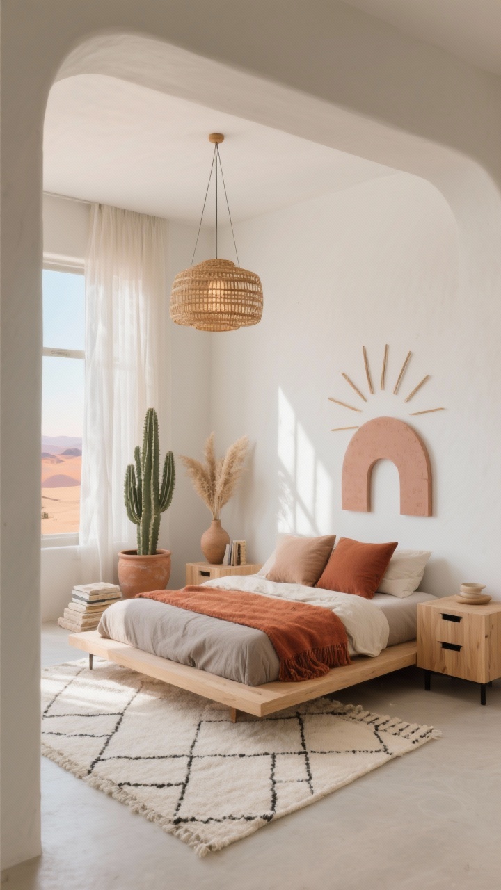 Desert Dawn Minimalist Boho Bedroom: soft sand and terracotta tones, light wood platform bed, Moroccan-style rug, rattan pendant light, and minimal decor