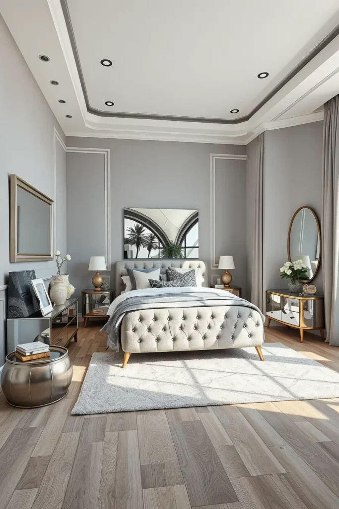 Elegant Gray Bedroom with Matte Walls and Sheer Drapes