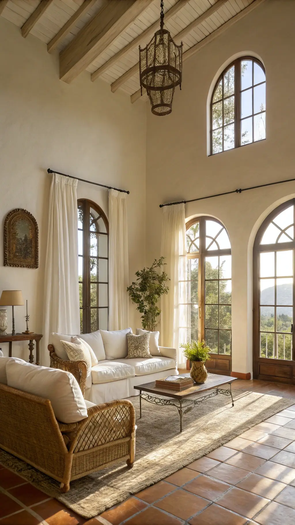Mediterranean living room with cream linen sofa, rattan chairs, terracotta floor tiles, and whitewashed stucco walls with vintage brass mirrors, bathed in late afternoon light