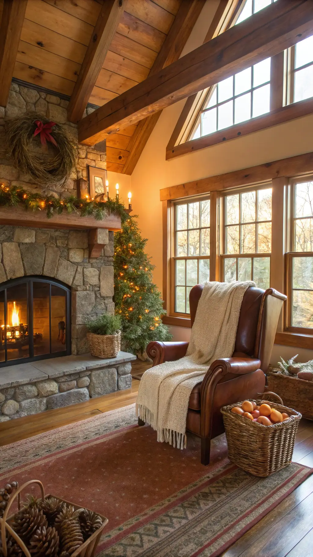 Vintage-style living room bathed in golden hour sunlight featuring a leather armchair by the stone fireplace adorned with orange garlands and brass candlesticks, rocking chair covered with cream throws, mantel decorated with pine branches and baubles, backdrop of west-facing windows.