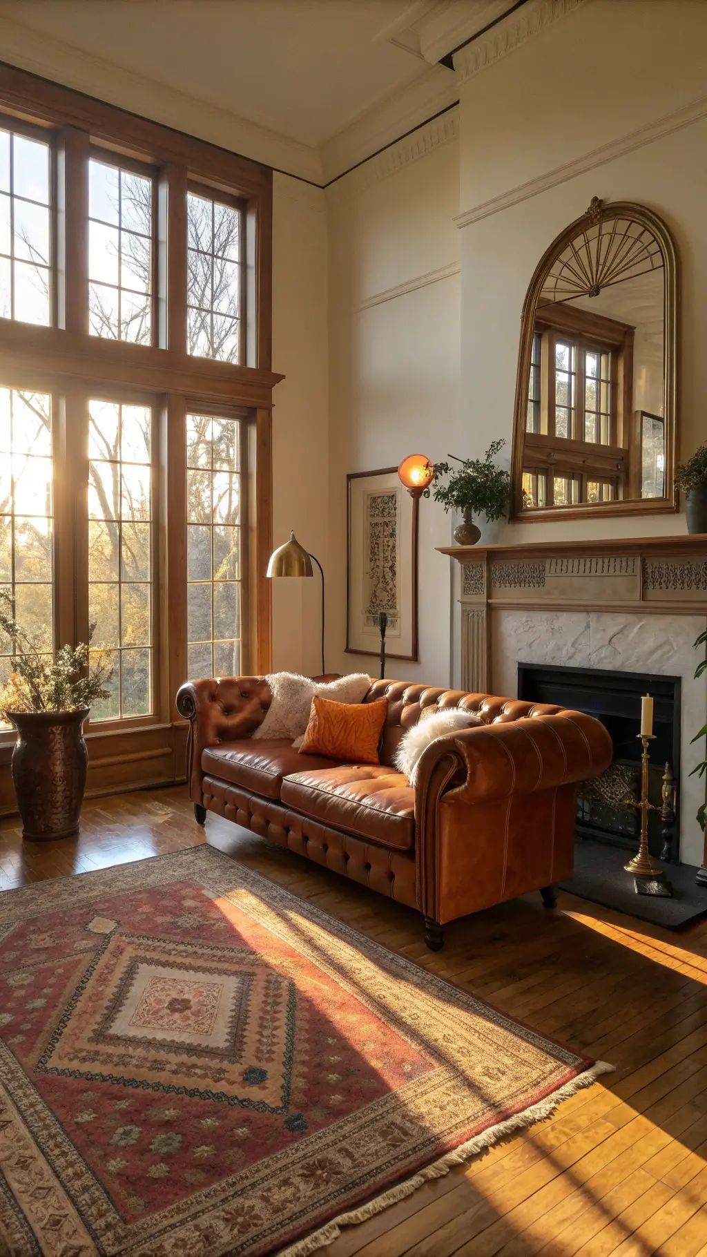 Vintage living room bathed in golden hour sunlight featuring a chesterfield sofa, Persian-inspired rug, and brass decor elements