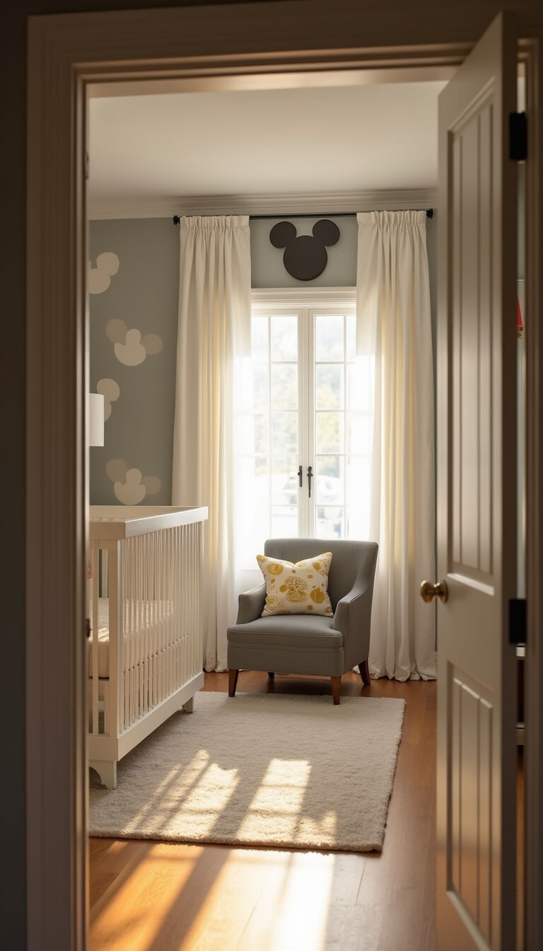 Golden hour nursery with gray walls and gold Mickey accents, featuring white crib, plush glider, and sunlight through sheer curtains.