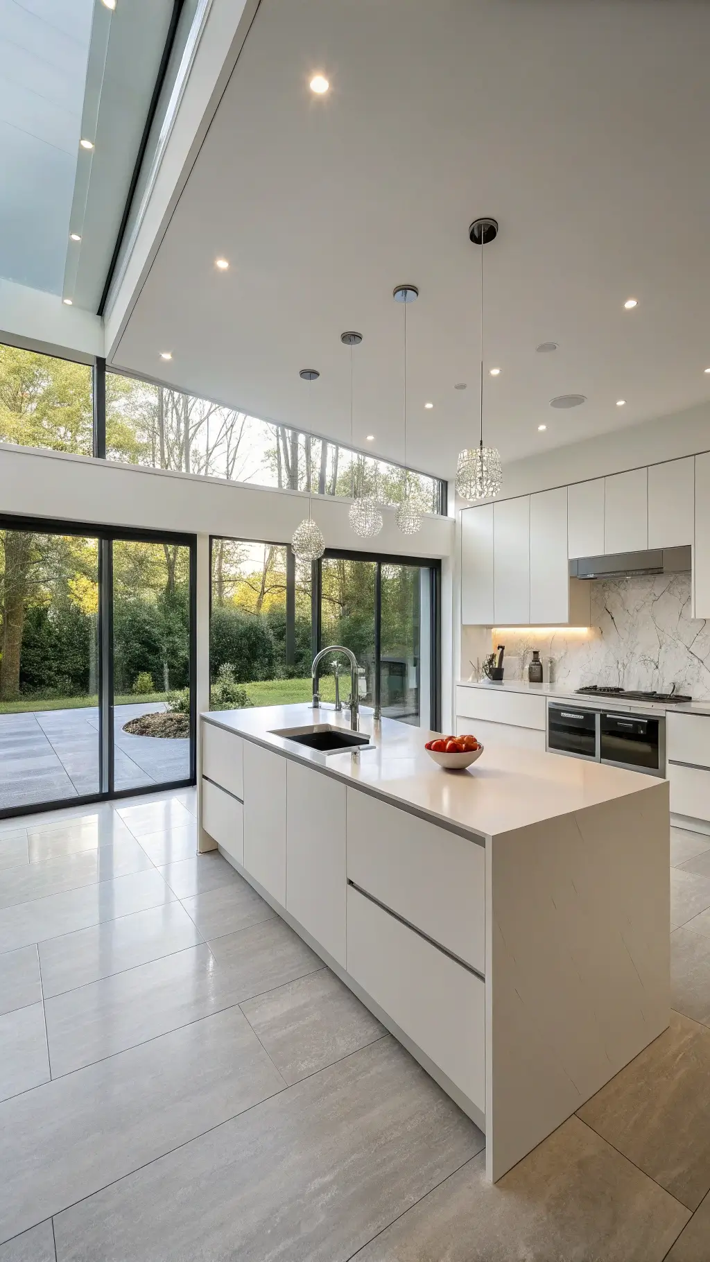 Modern minimalist kitchen with handleless white cabinets and quartz island