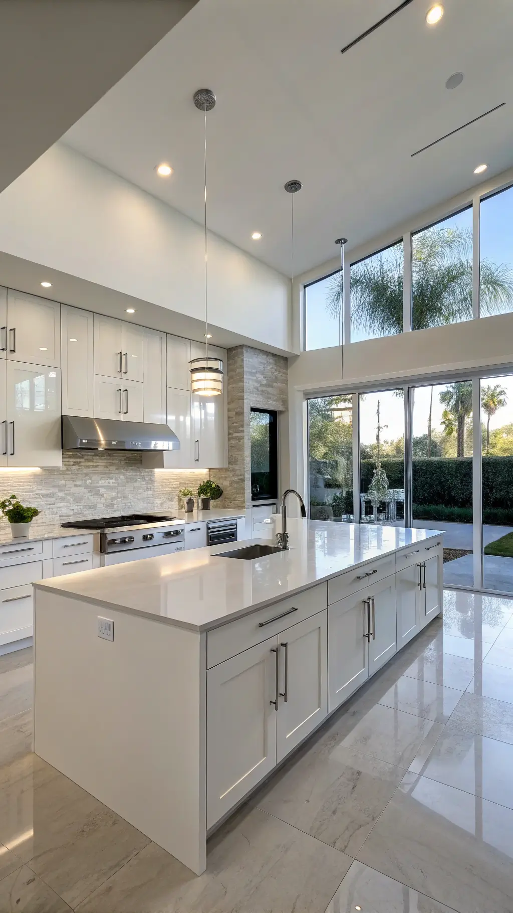 Contemporary white and grey kitchen with floor-to-ceiling windows, stainless steel appliances, and a central island with a quartz countertop, underlined by LED lights and styled with minimalist decor.
