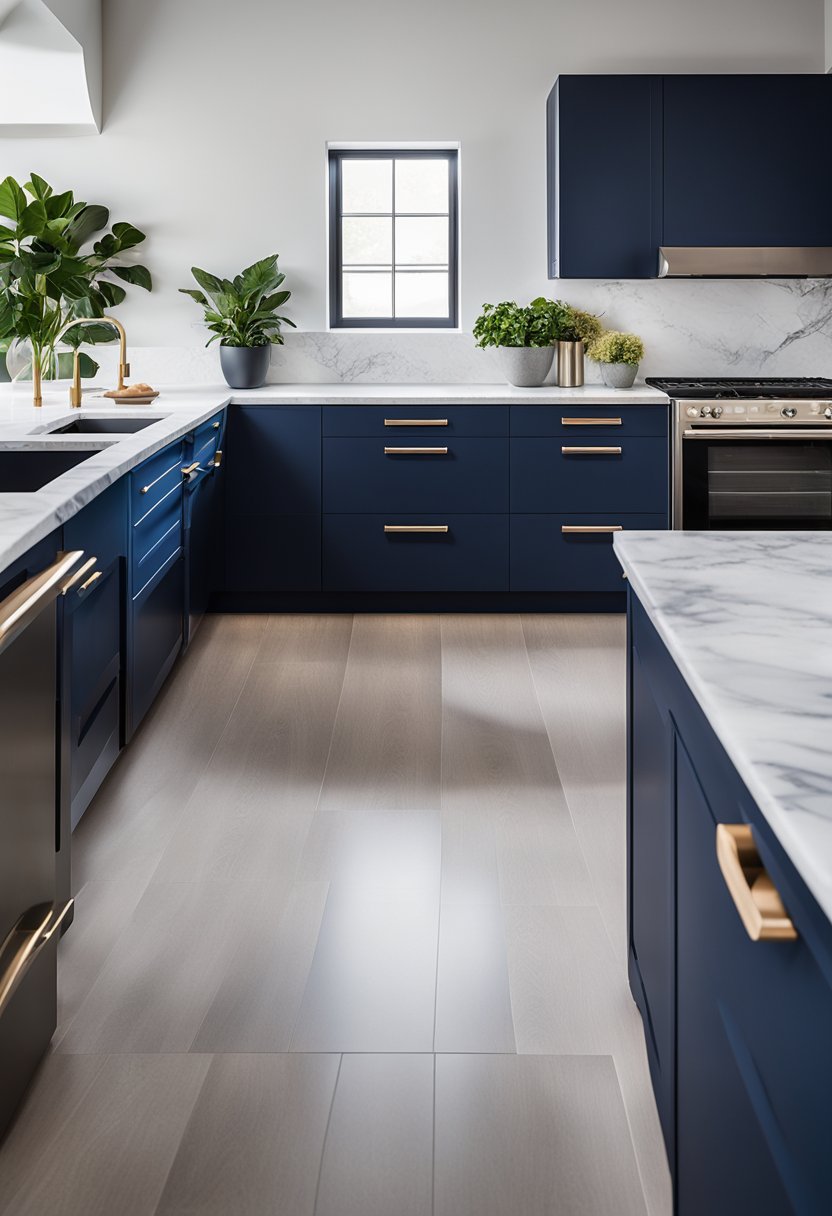 Indigo kitchen design showcasing bold cabinetry and elegant accents