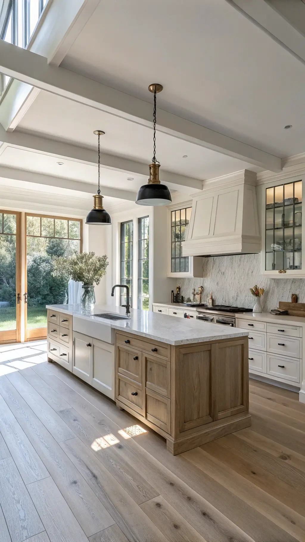 modern farmhouse kitchen with floor-to-ceiling windows, white shaker cabinets, oak floors, marble-topped island, vintage brass hardware, and rustic wooden beams filled with morning sunlight